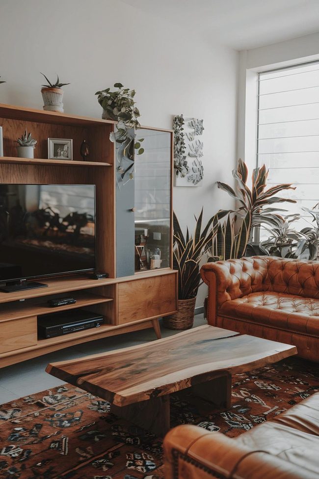 Orange Leather Sofa With Earthy Timber Accents