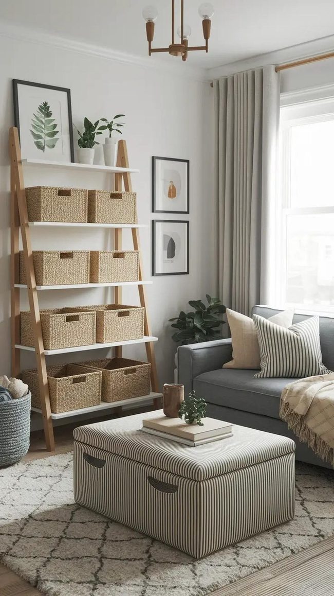 Woven Baskets And Built-In Shelves