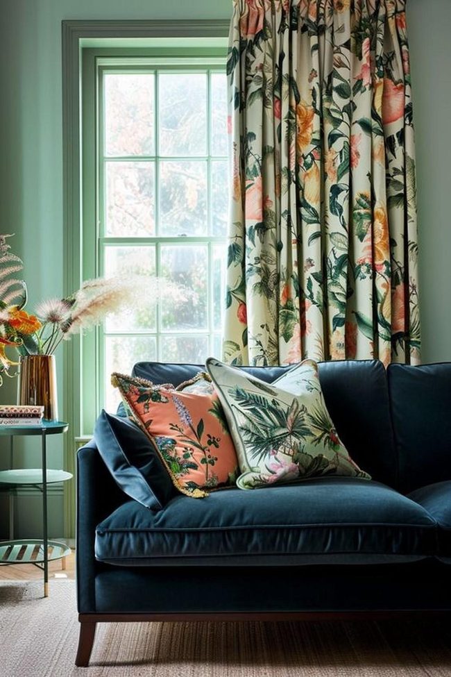 Green Walls With Deep Blue Velvet