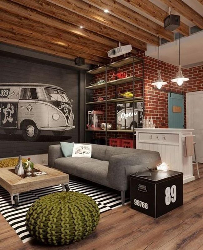 Black Striped Rug Anchors Industrial Loft