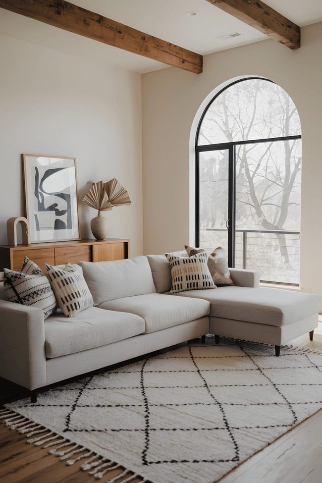 Gray Sectional With Geometric Rugs And Wooden Beams
