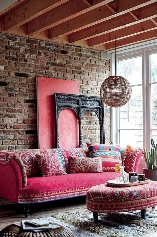 Pink Furniture Meets Warm Brick