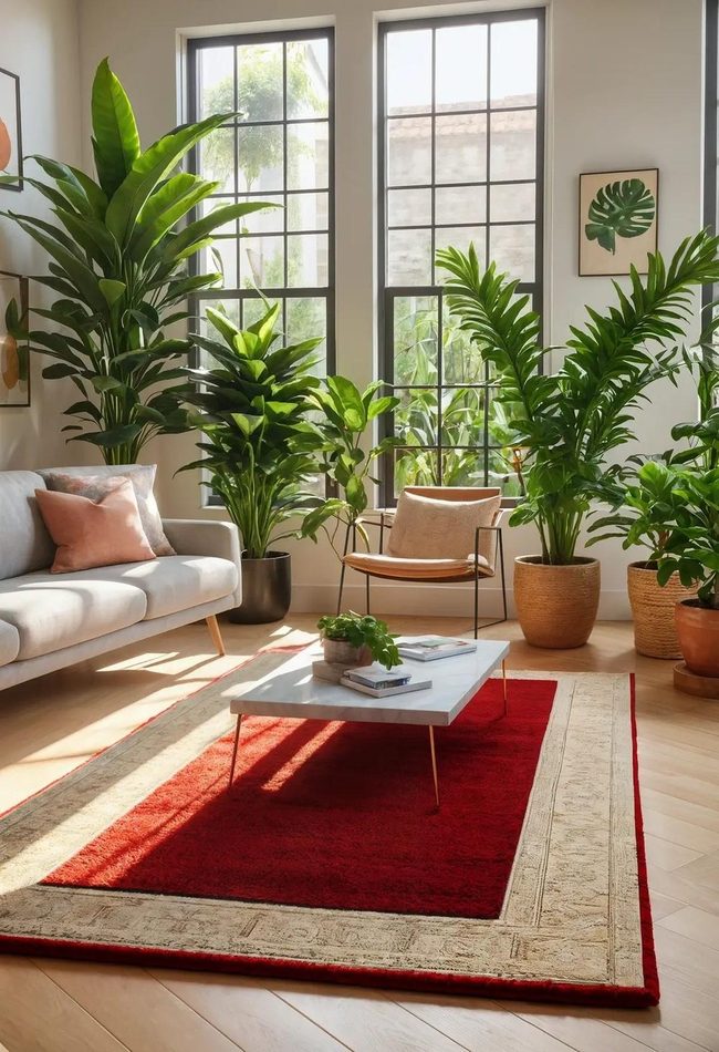 Red Rug Balanced With Green Houseplants