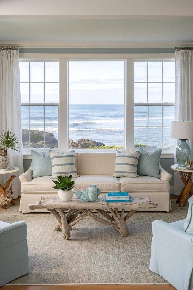 Beige Sofa Blue Pillows Ocean View