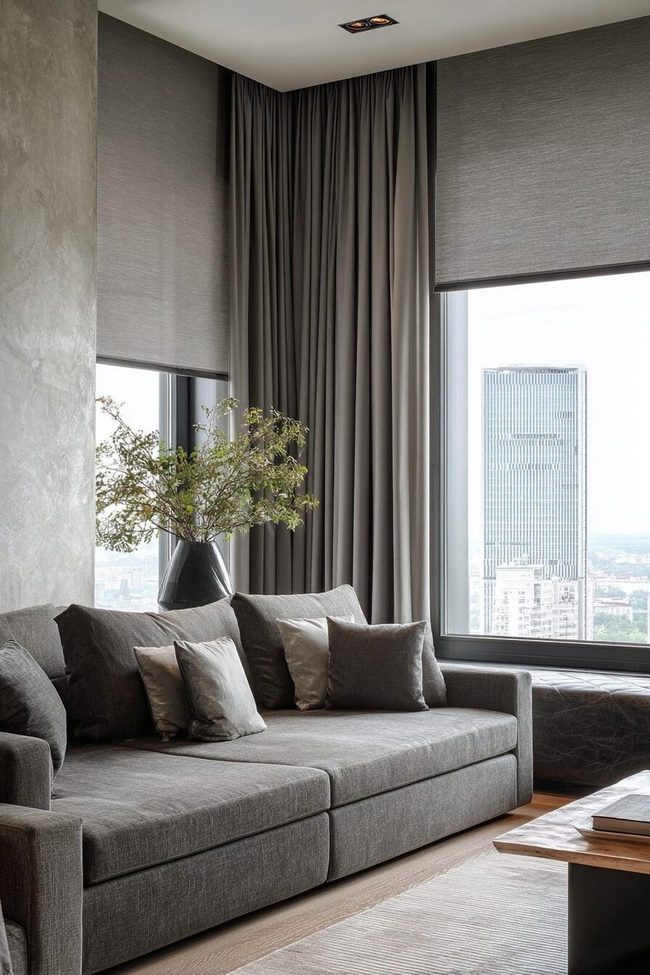 Layered Navy Curtains With Roller Blinds