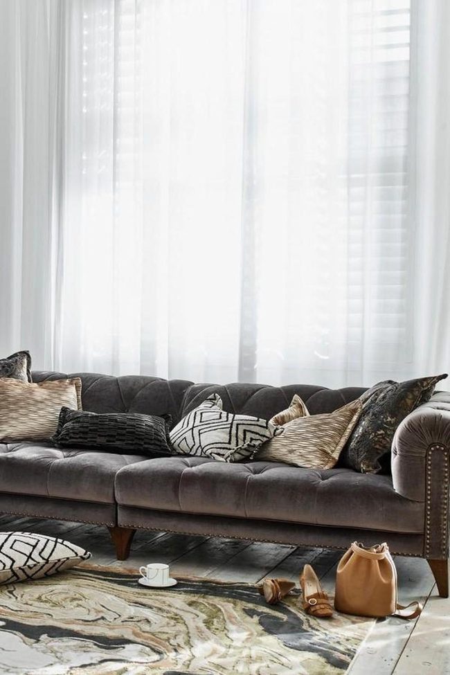 Deep Grey Velvet Sofa Statement