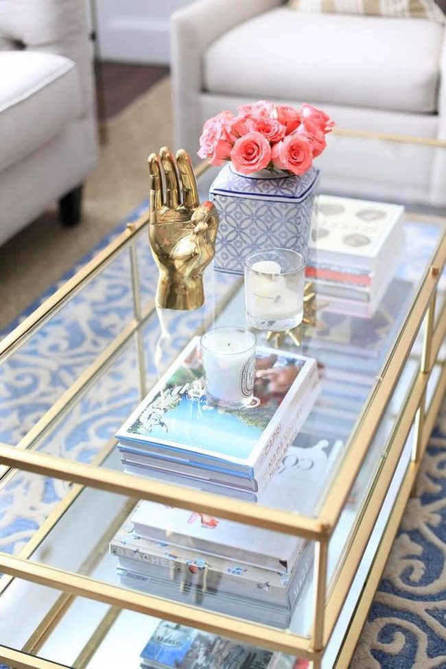 Gold Glass Tables With Blue Geometric Rugs