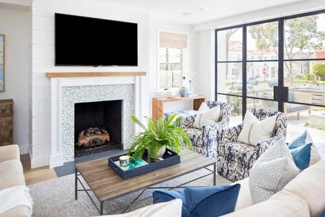Sunlit Living Room With Fireplace Warmth