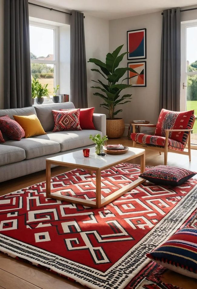 Red Rug Anchors Layered Pattern Mix