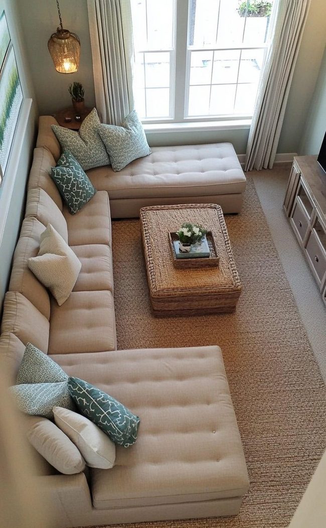 Cream L-Shaped Sectional with Wicker