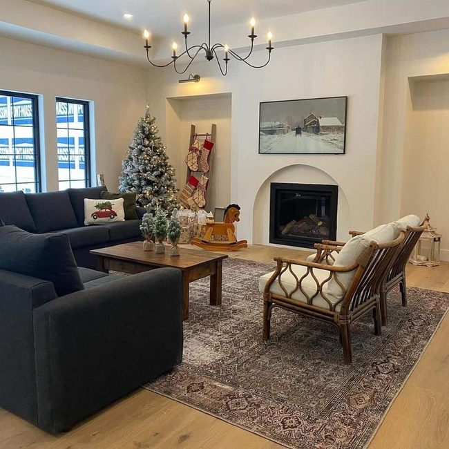 Dark Grey L-Shape, Festive Cushions, Vintage Rug