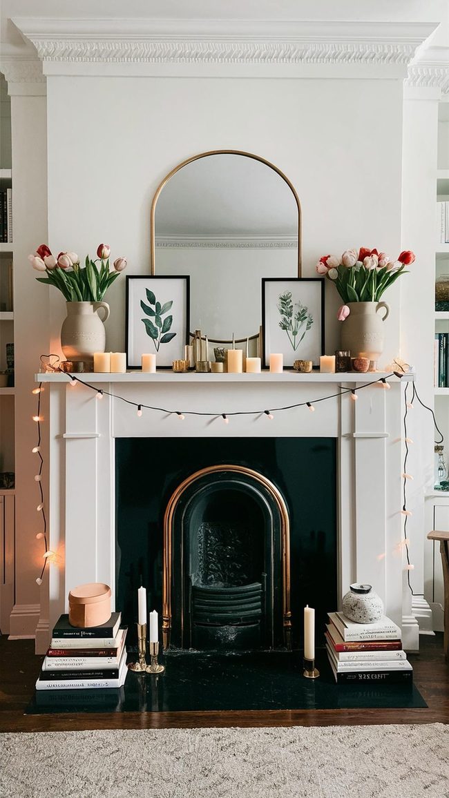 Fresh Spring Flowers On Mantel