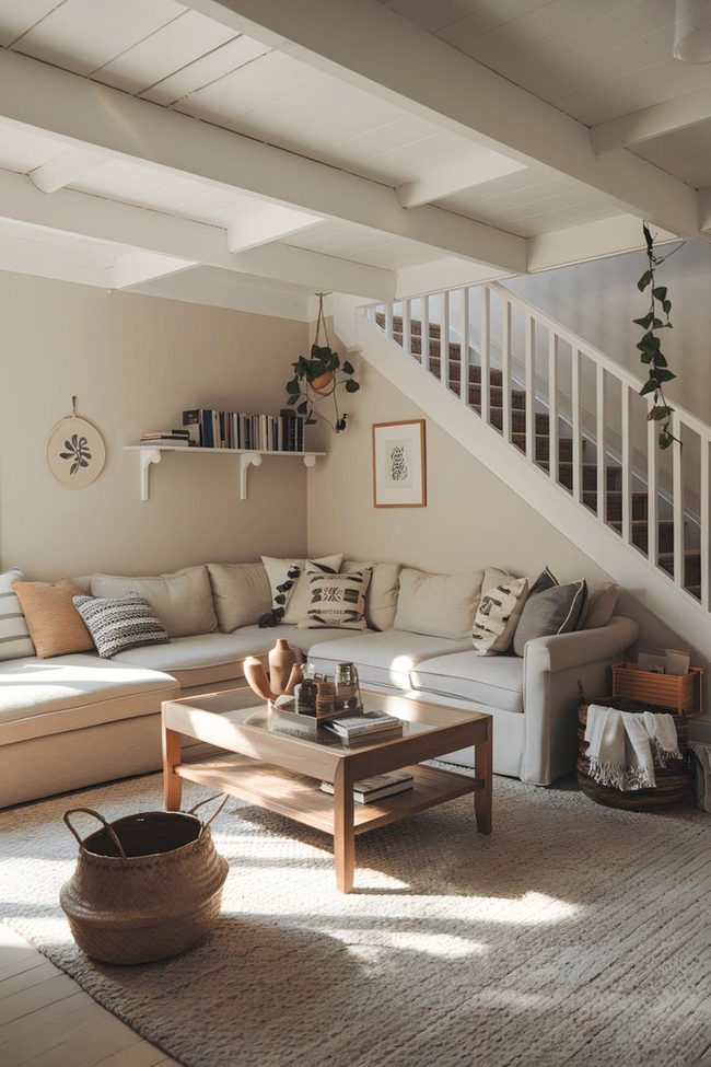 Beige Sectional With Patterned Cushions