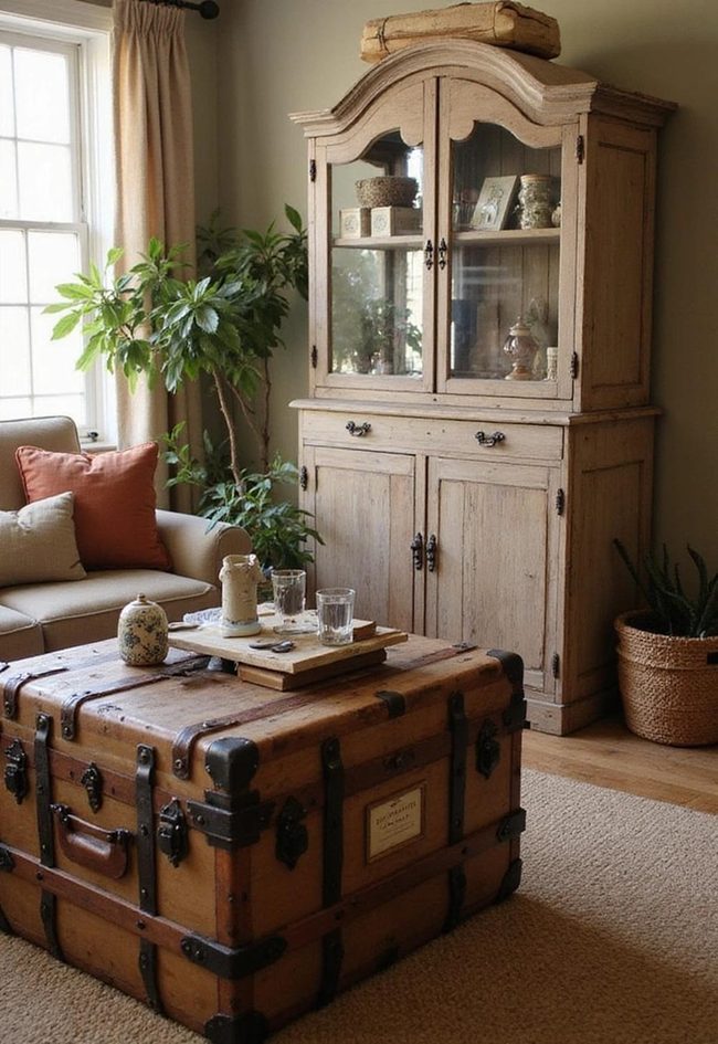 Weathered Timber Cabinet Coffee Table Centerpiece