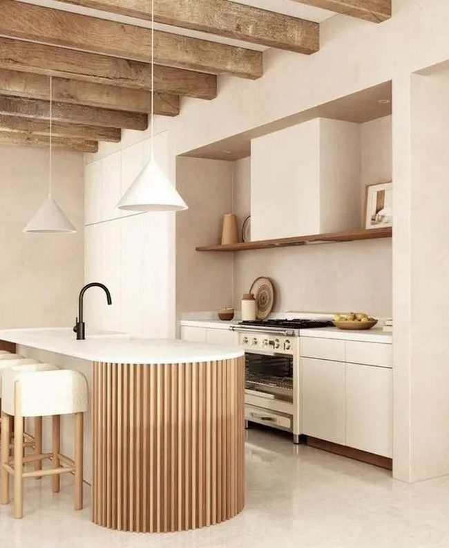 Wooden Beams, White Kitchen Serenity