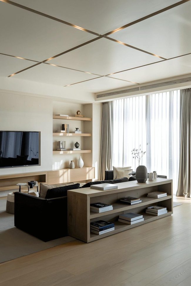 Dark Sofa Anchors Minimal Warm Space