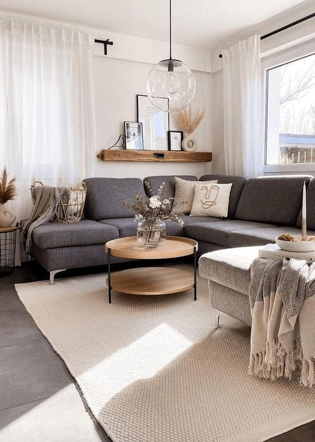 Gray Sectional, Natural Light, Wooden Warmth