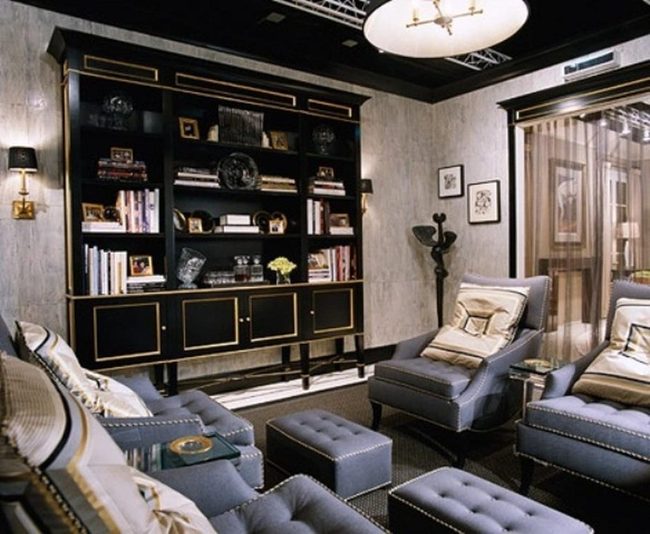 Gray Chairs With Gold-Trimmed Shelving