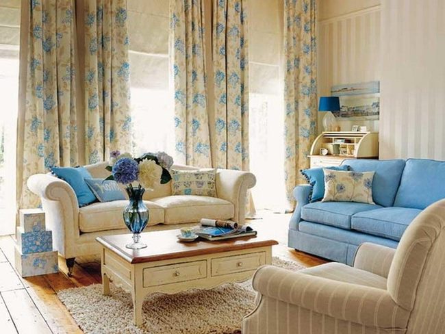 Cream, Blue, And Wood Living Room