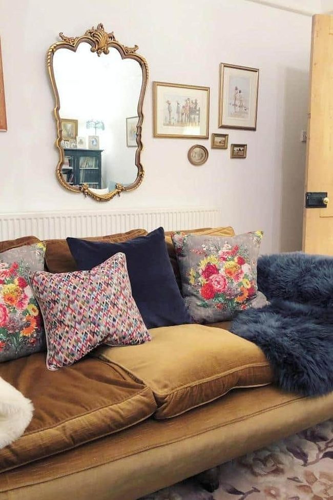 Golden Velvet Sofa With Floral Cushions
