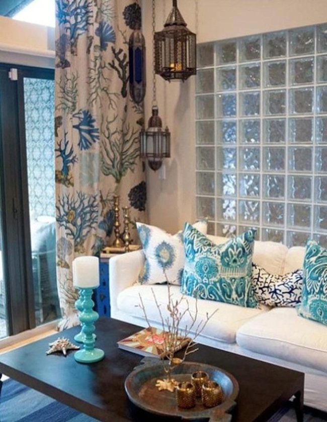 Coastal Blue And Gold Living Room