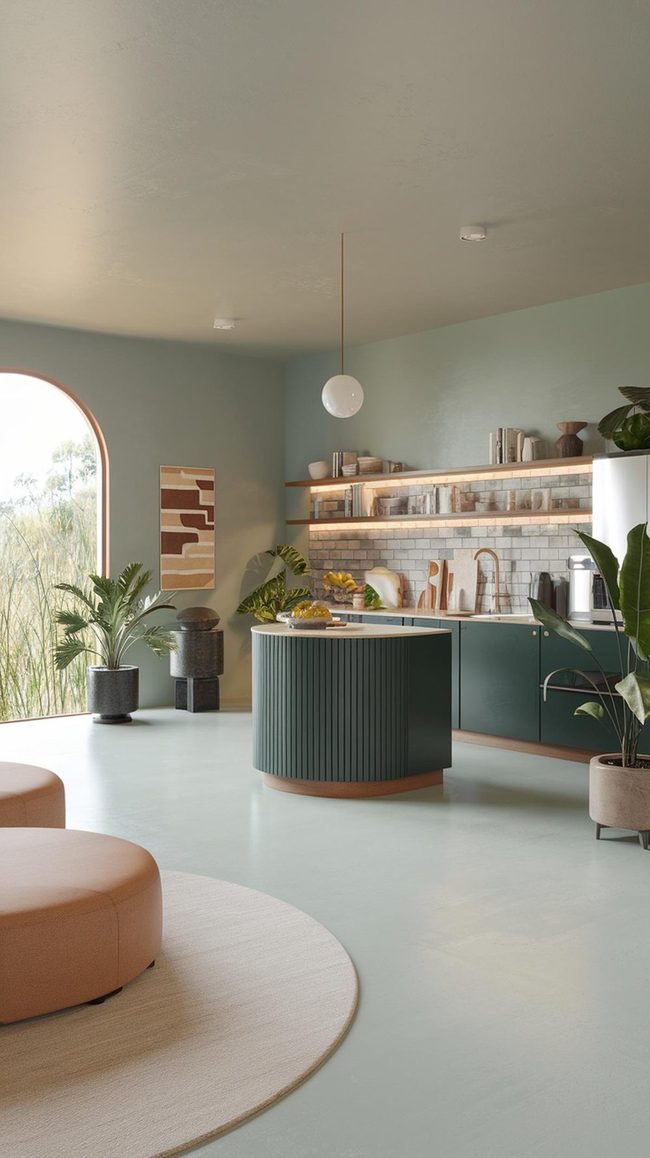 Curved Wood Open Living With Hidden Storage
