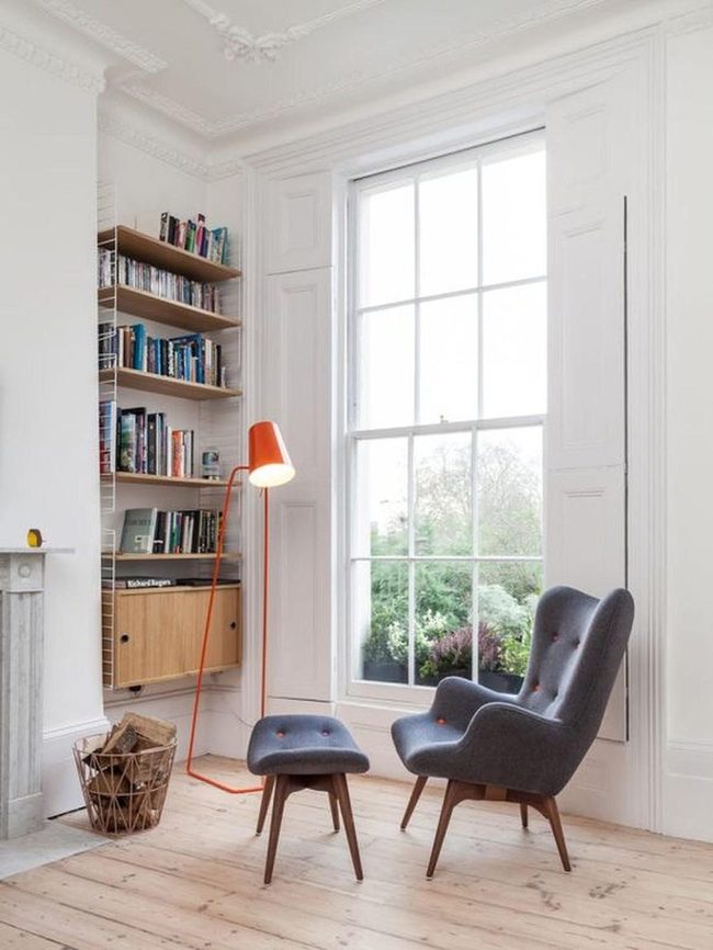 Gray Chairs, Wooden Floors, Orange Lamp