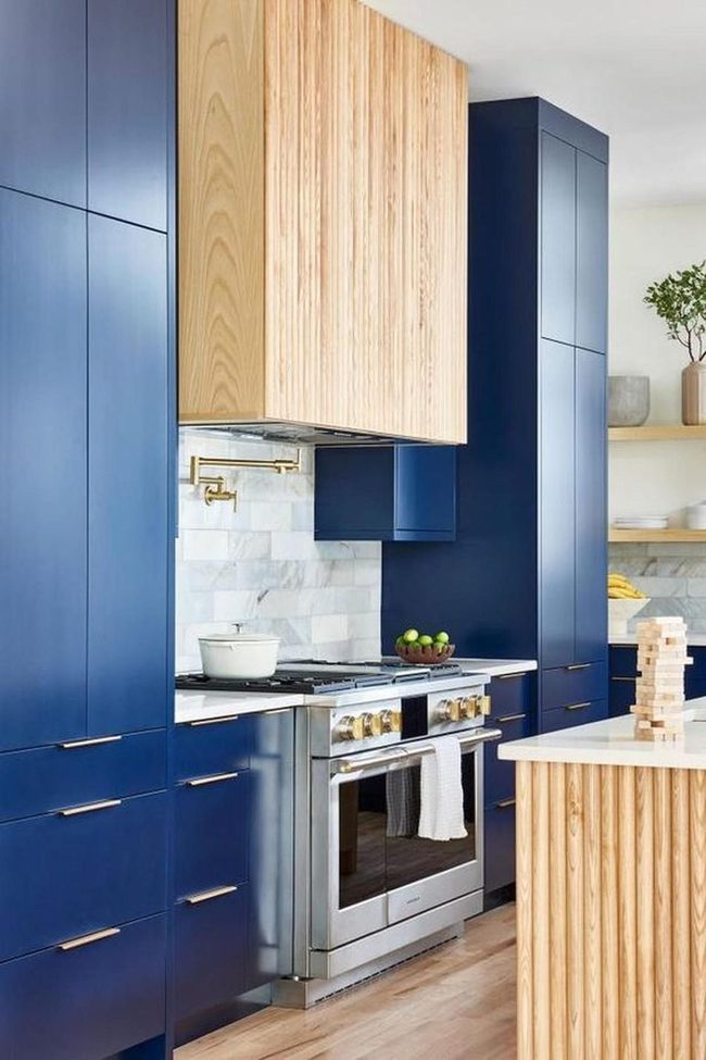 Deep Blue Cabinets Meet Natural Wood
