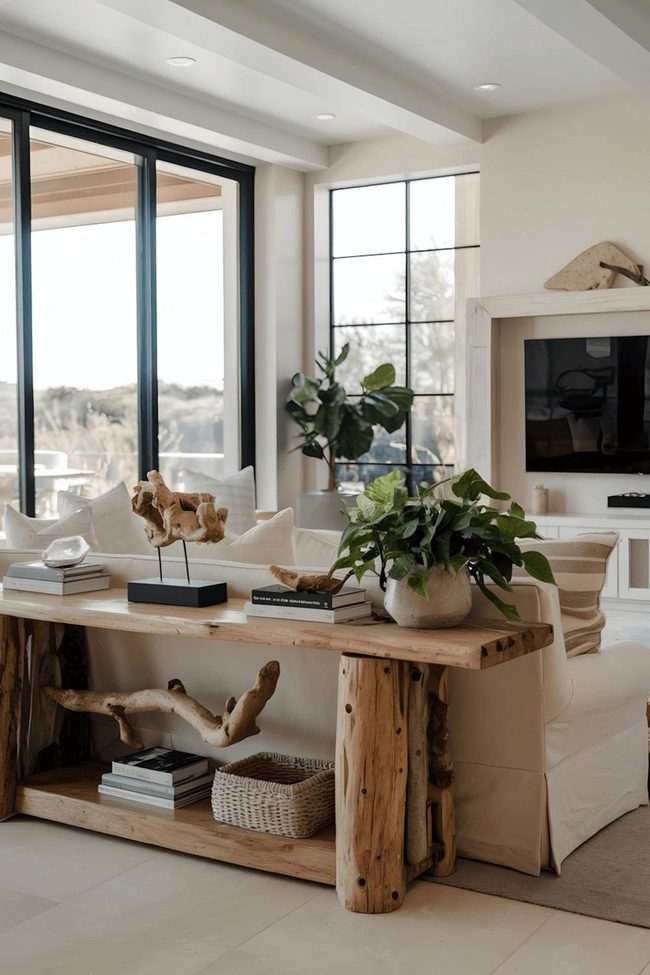 Driftwood Sculpture Anchors Neutral Living Space