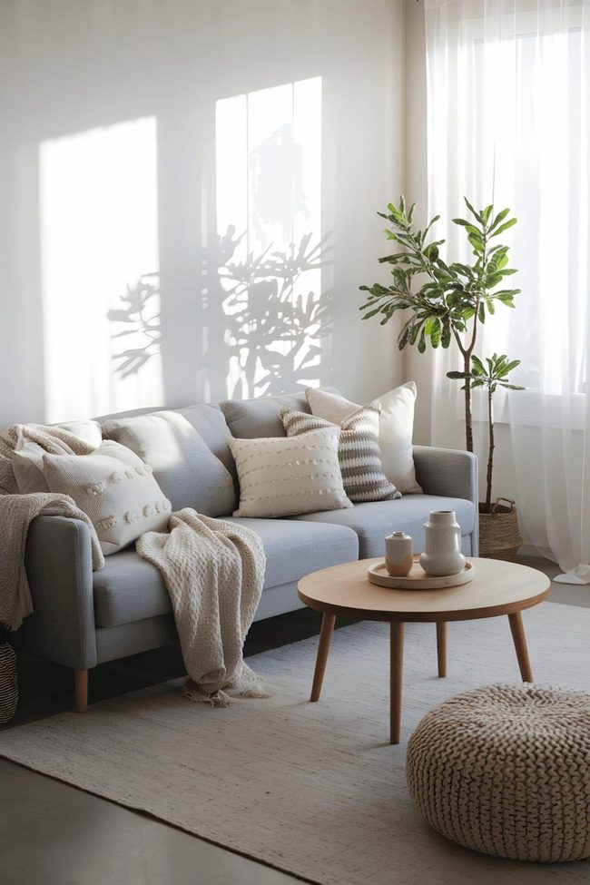 Grey Upholstery With Woven Walnut And Earthy Light