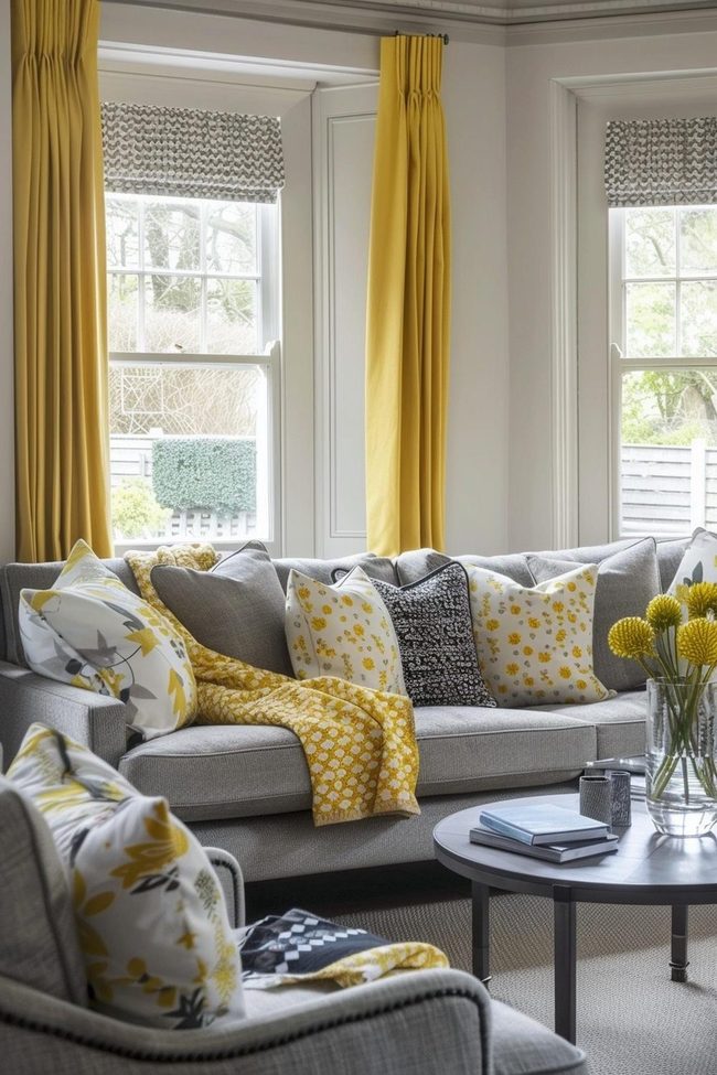 Gray Sofa Meets Sunny Yellow Patterns