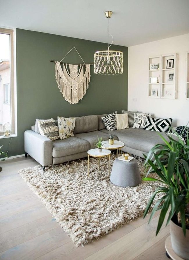 Green Wall With Natural Wood Accents