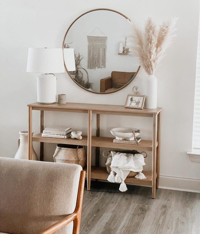 Natural Wood And Round Mirrors Entryway