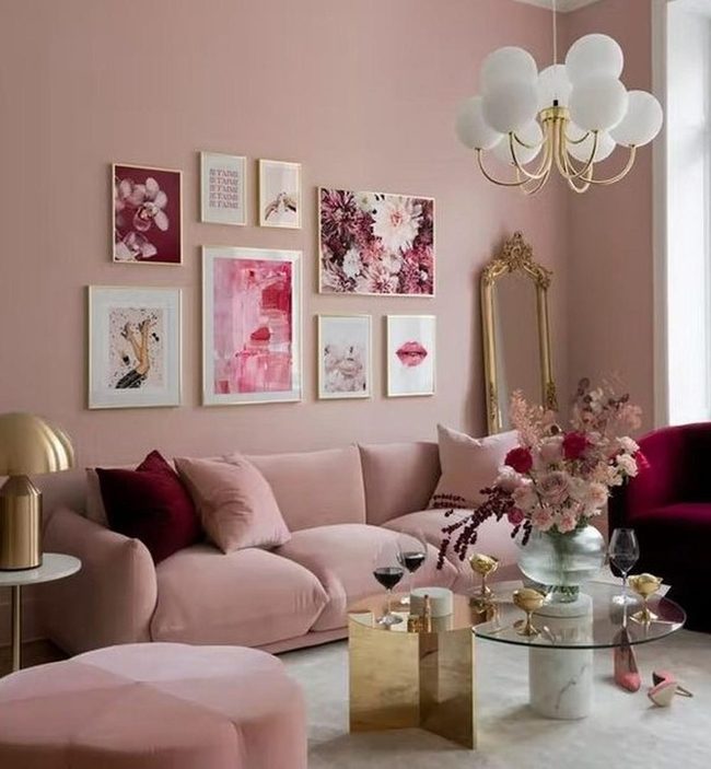 Pink Sofa Gold Accents Living Room
