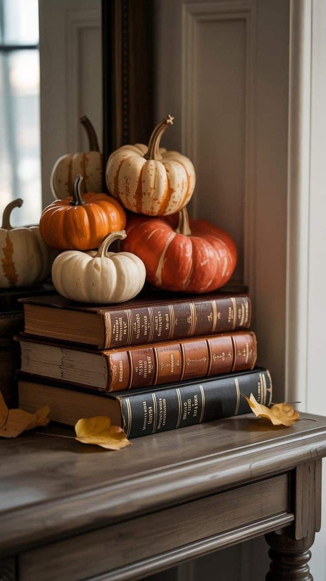 Weathered Books With Autumn Pumpkins