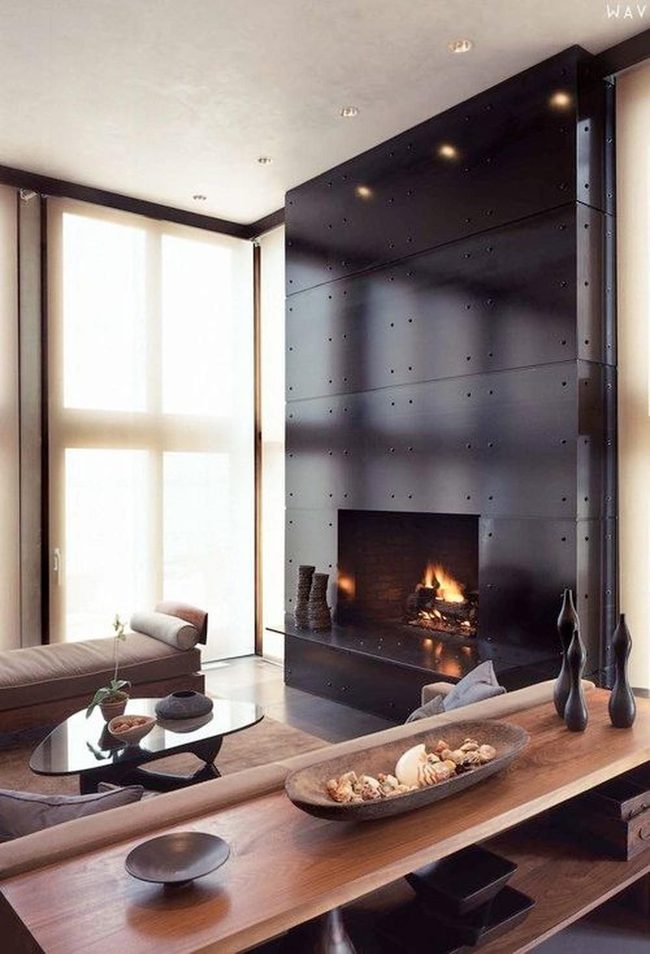 Black Fireplace Meets Natural Wood Warmth