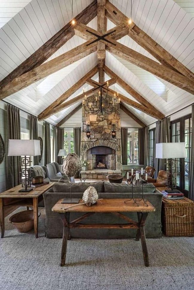 Exposed Beams Stone Fireplace Sanctuary