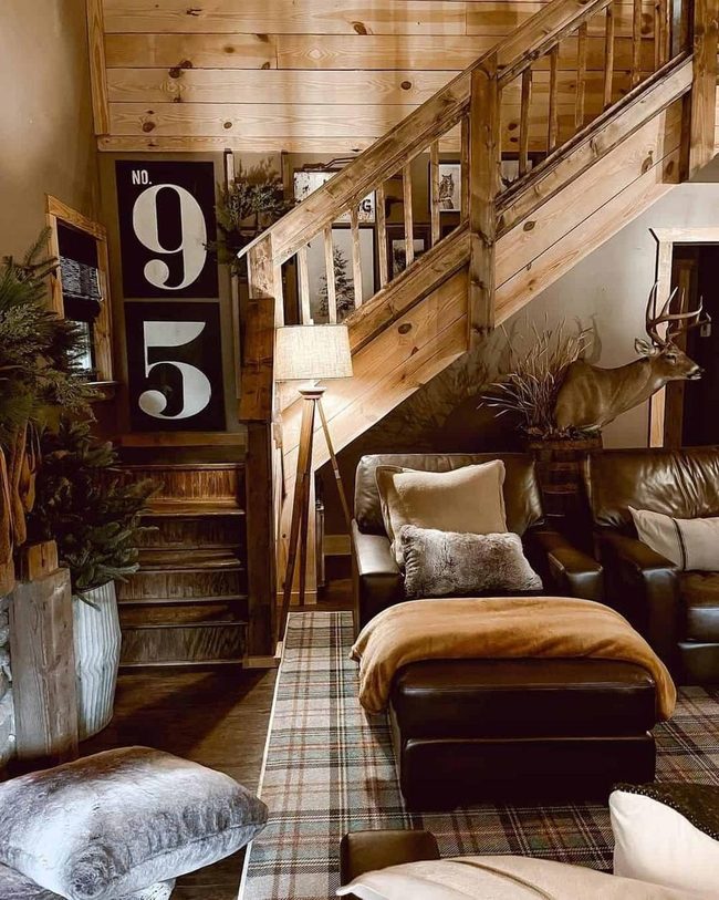 Wood Paneled Living Room With Plaid Floors