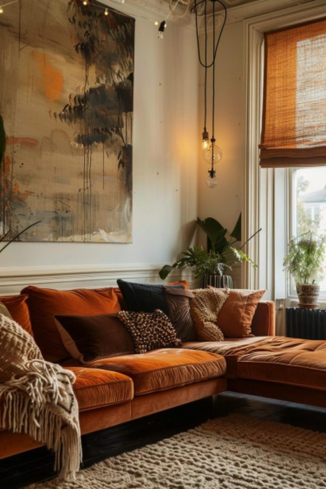 Burnt Orange Sofa With Artistic Art