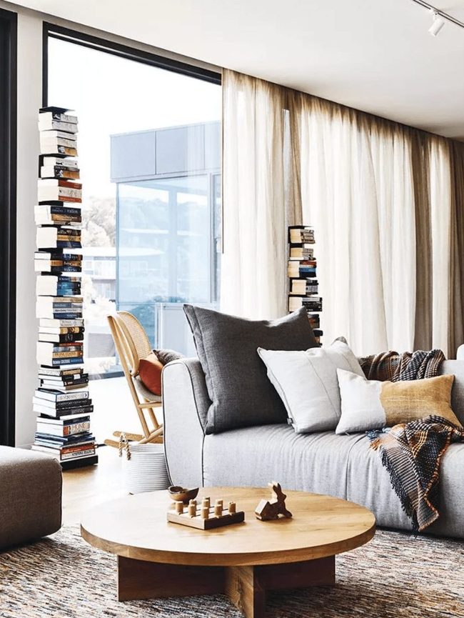 Woven Shades With Flowing White Curtains