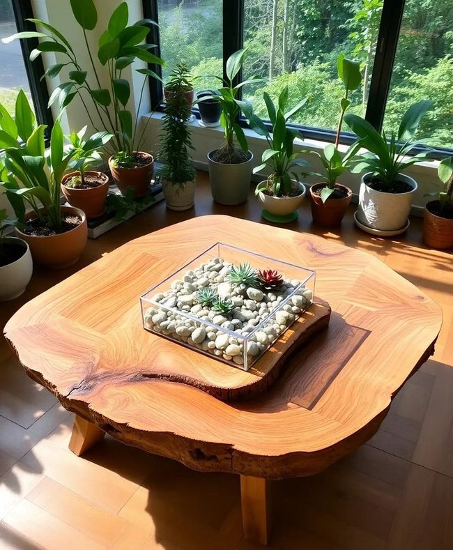 Untreated Timber Grain Table With Living Plants