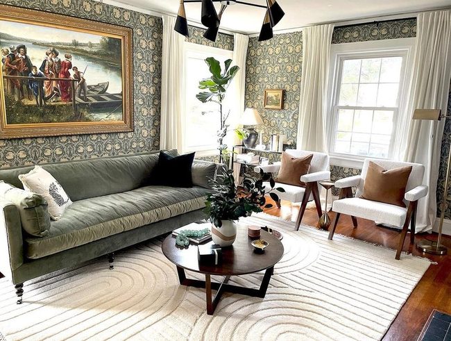 Deep Patterned Rug Anchors Modern Space