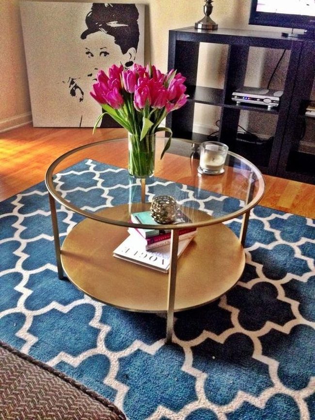 Pink Flowers Gold Glass Table
