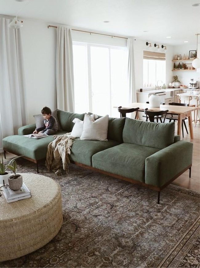 Soft Green Sofa, Light Wood Floors
