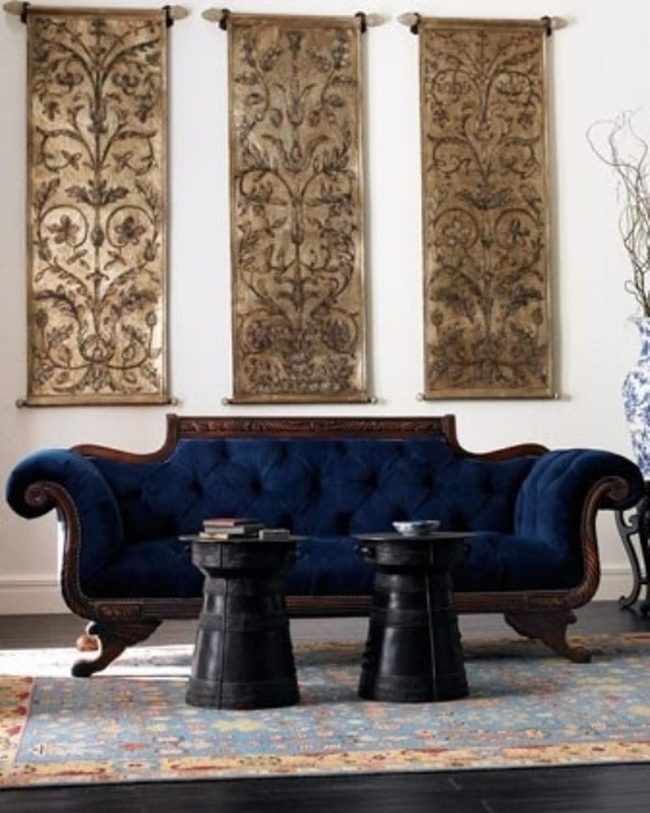 Deep Blue Sofa With Mahogany Heritage