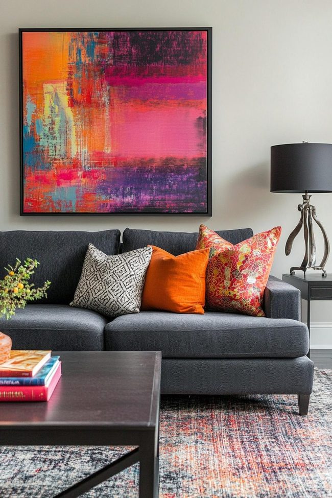 Colorful Art Against Gray Sofa