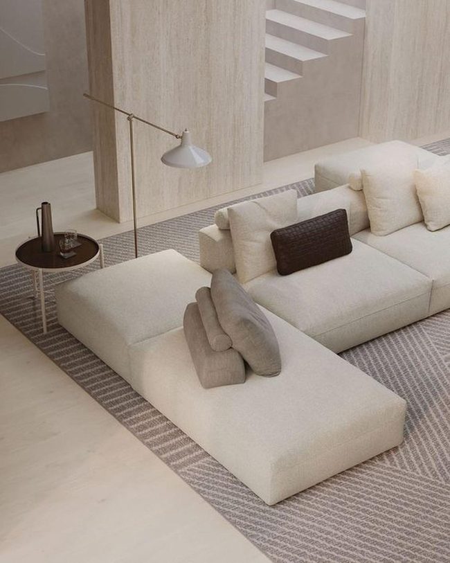 Cream Sectional With Striped Rug Simplicity