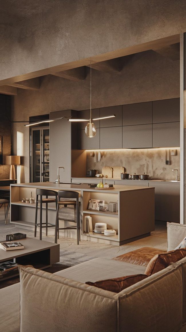 Open Kitchen Living Room Gray Storage Blend