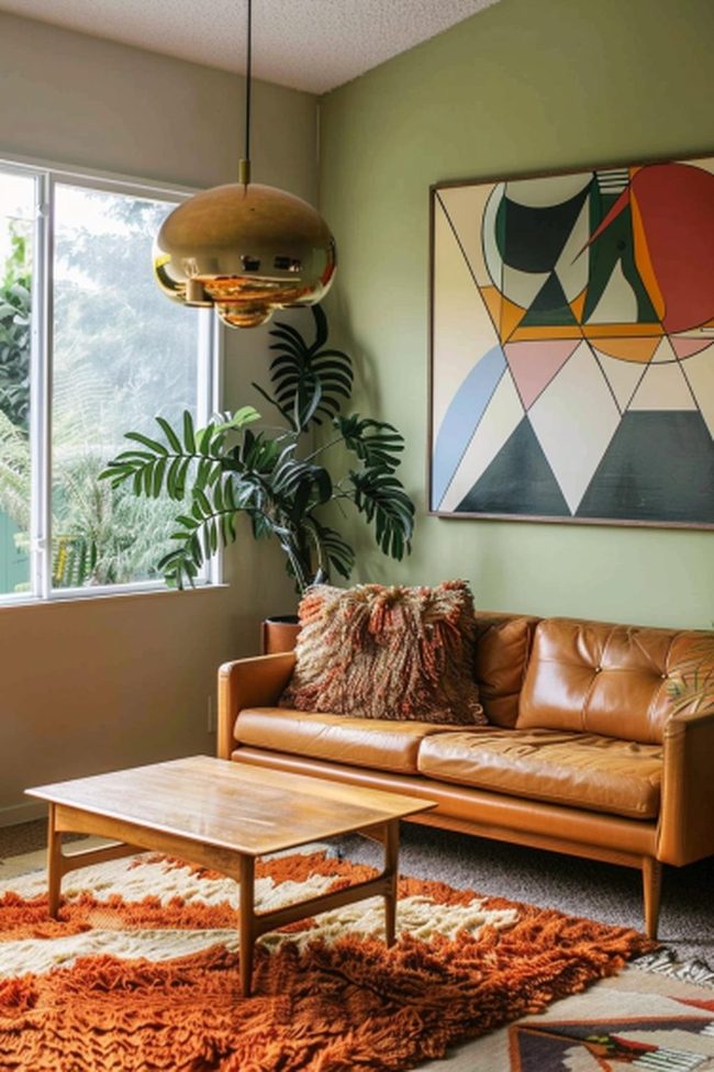 Tan Leather Sofa Mid-Century Living