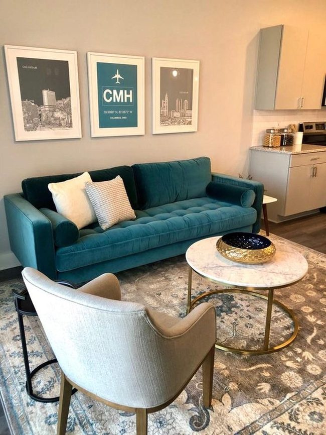 Teal Sofa With Gold Marble Center